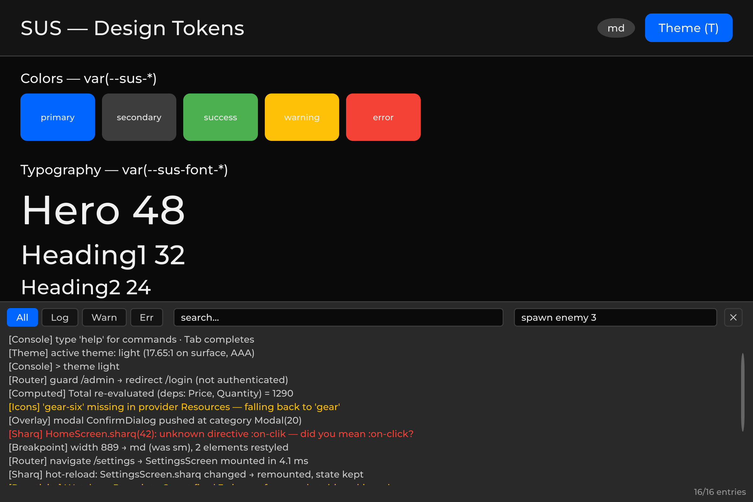 SUS dev console overlay showing filter chips, search field, and colored log entries