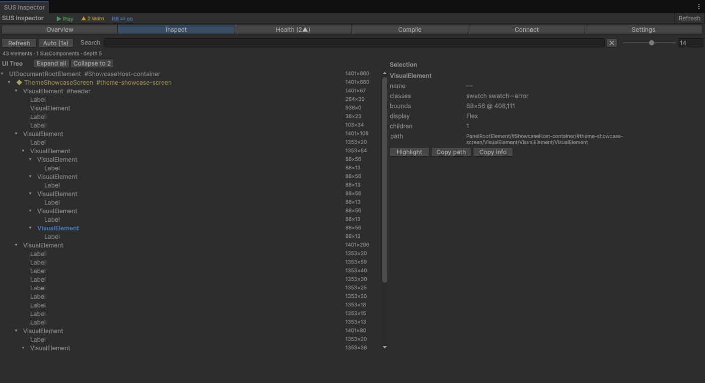 SUS Inspector Editor window with Overview, Inspect, Health, Compile, Connect, and Settings tabs open on the element tree