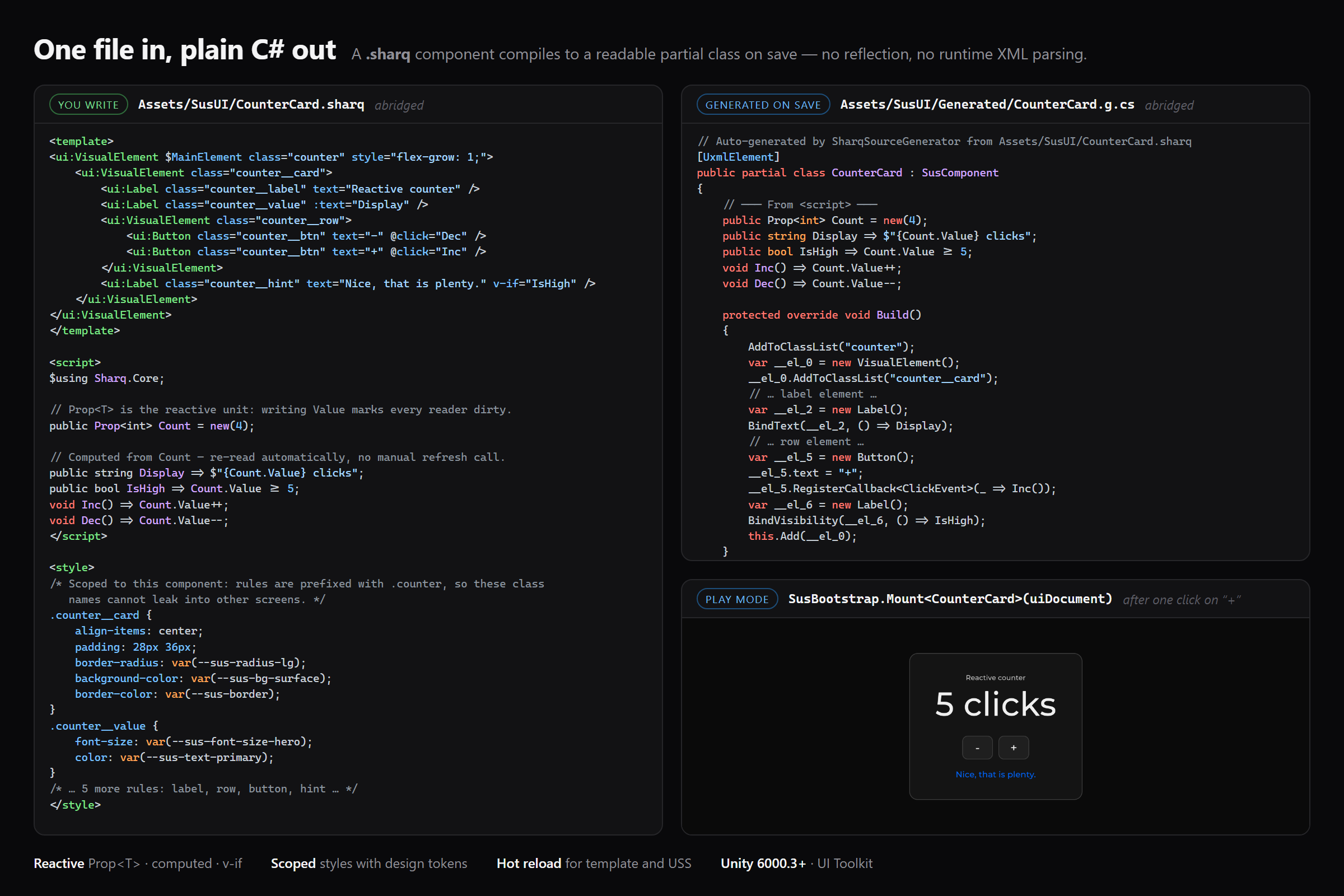A .sharq single-file component next to the plain C# class SharqFileImporter generates from it on save
