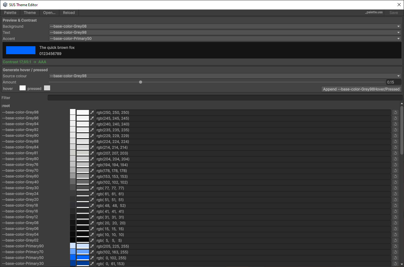 SUS Theme Editor window with color token swatches, a live preview strip, and a hover/pressed variant generator